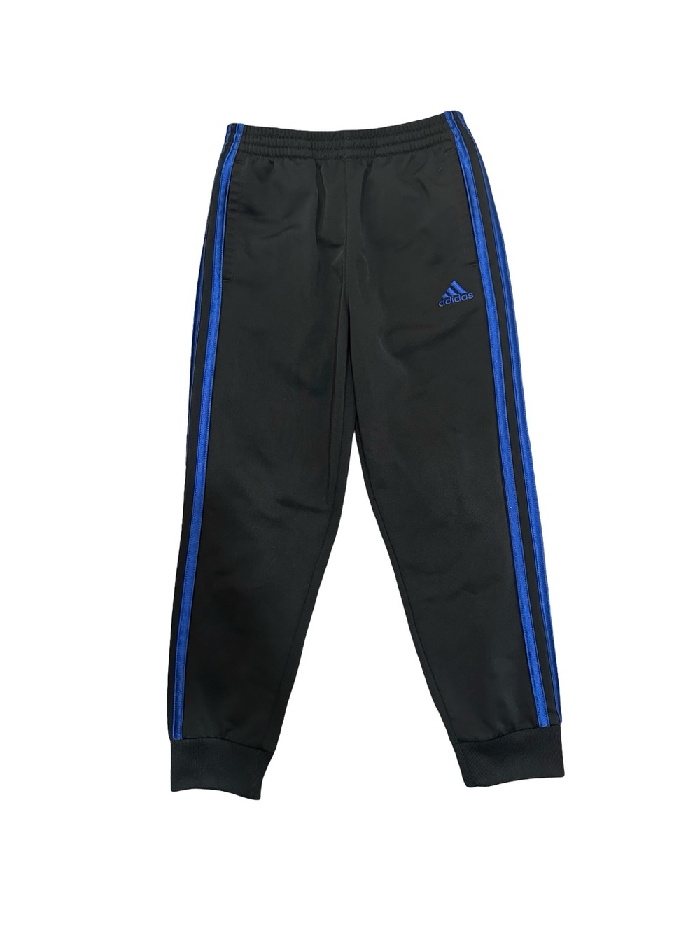 EUC Adidas Kids Size 6 Black Track Pants with Blue Stripes
